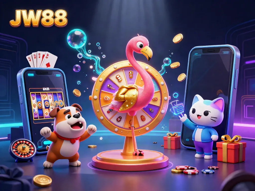 JW88 ignition with a lively flamingo, bulldog, and cat in a vibrant casino scene highlighting slot games.