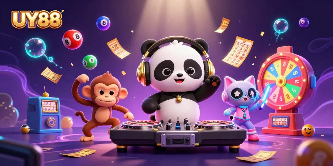 Engage with thrilling UY88 casino fun featuring a DJ panda and lively characters in a vibrant setting.