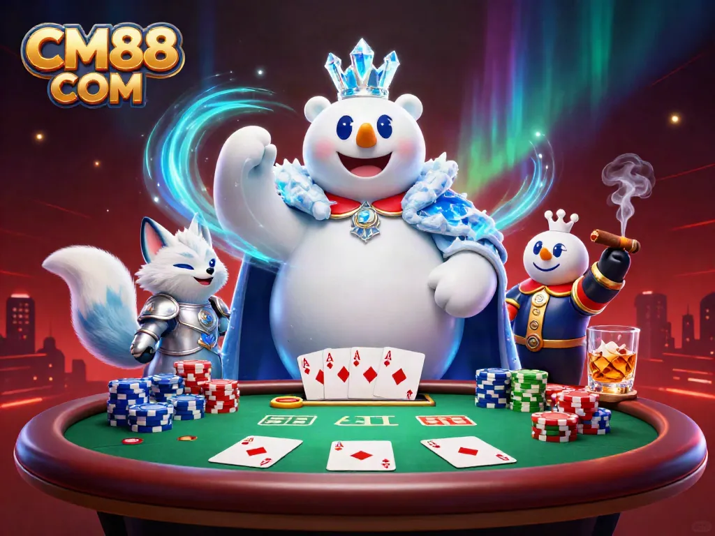 Experience the thrilling CM88 COM poker scene with a cartoonish ice king and snow fox in 3D.
