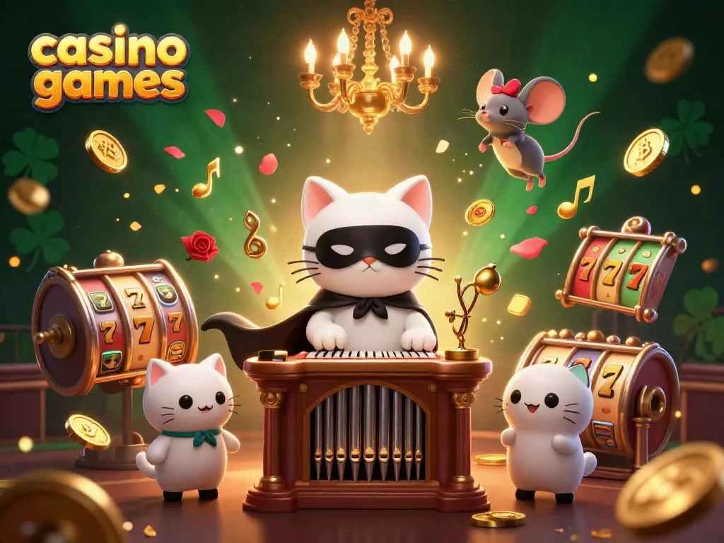 Engage with thrilling casino games featuring a masked cat at an ornate organ, surrounded by lively elements.