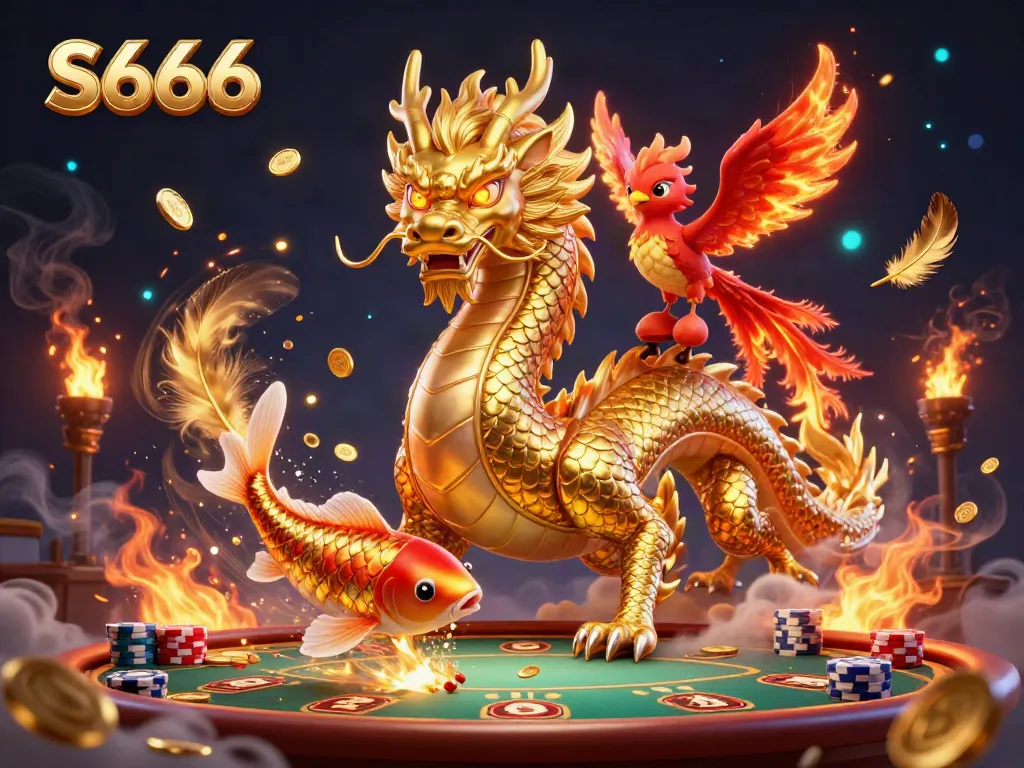 S666 engages players with a vibrant casino scene featuring a golden dragon, phoenix, and koi fish amidst poker elements.