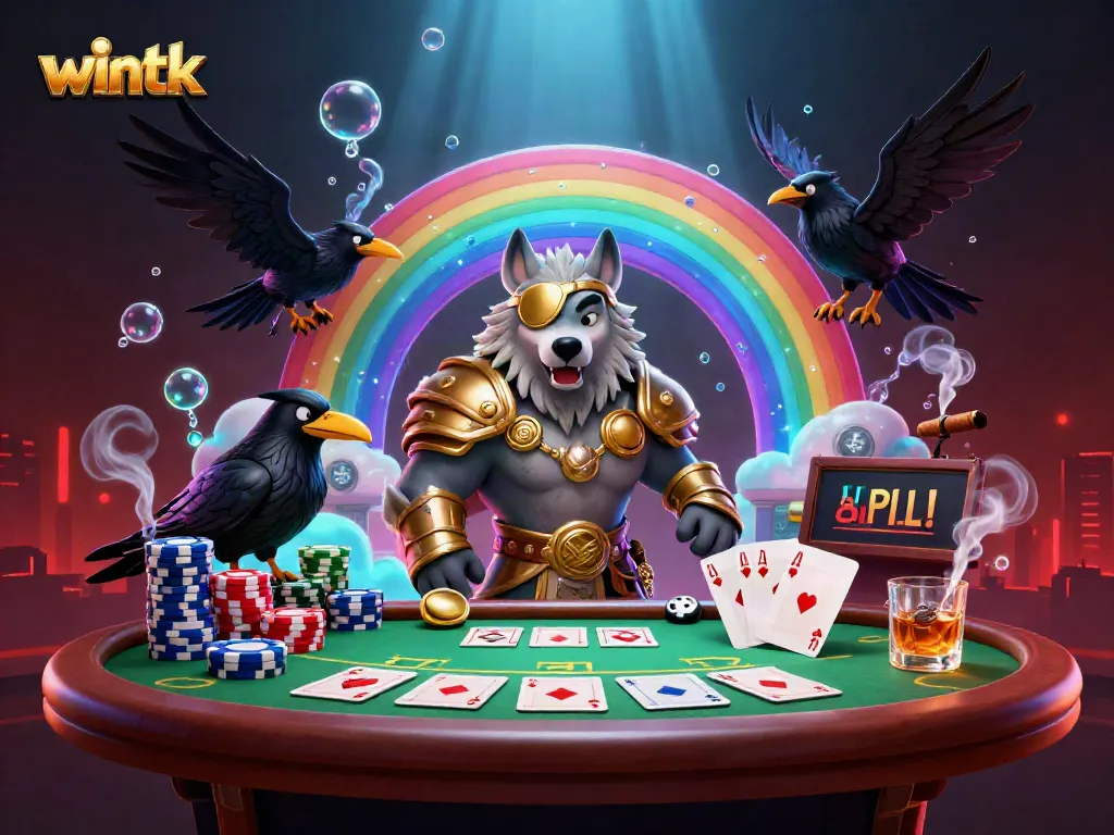 Experience the thrill of wintk at a lively casino scene with a Norse wolf and ravens amidst poker excitement.