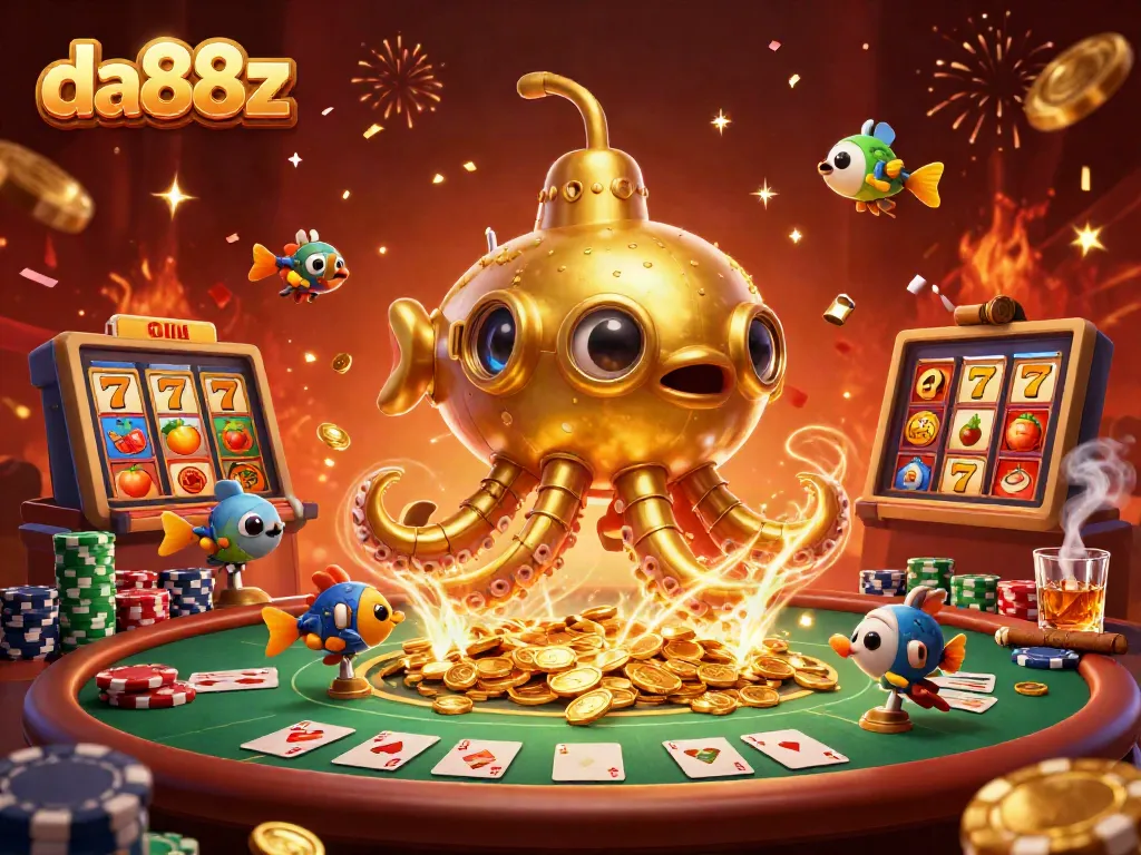 Experience the excitement of da88z with a dynamic 3D casino scene filled with golden krakens and slot game elements.