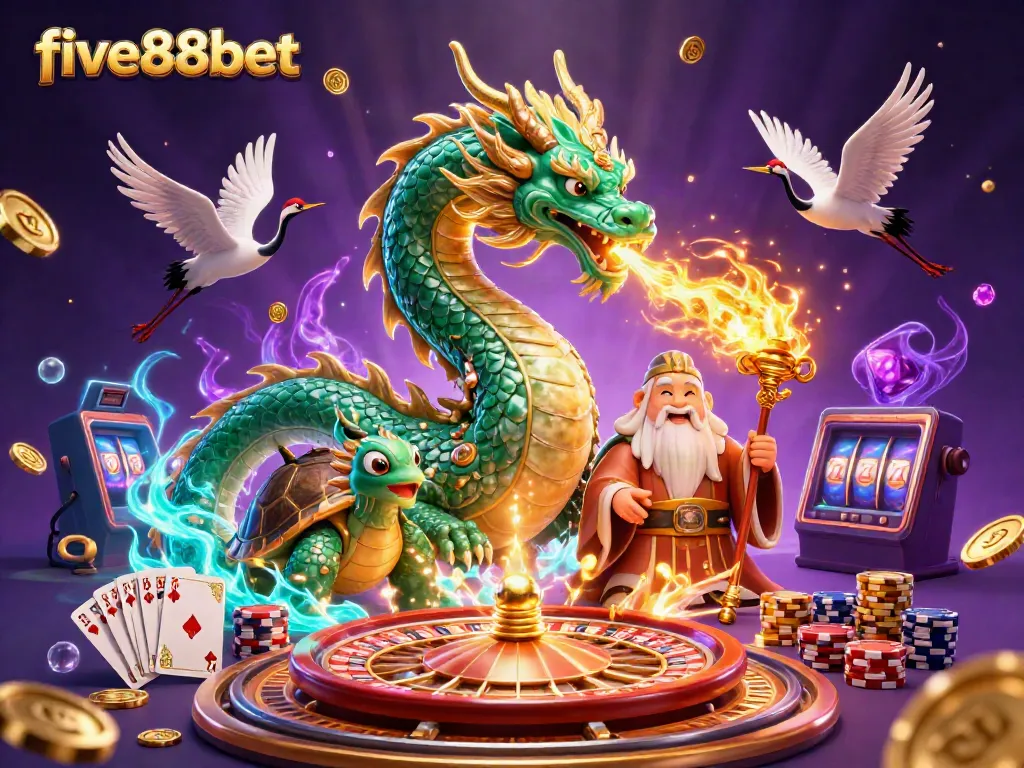Engage with five88bet's thrilling casino world featuring lucky dragons, coins, and energetic gameplay.