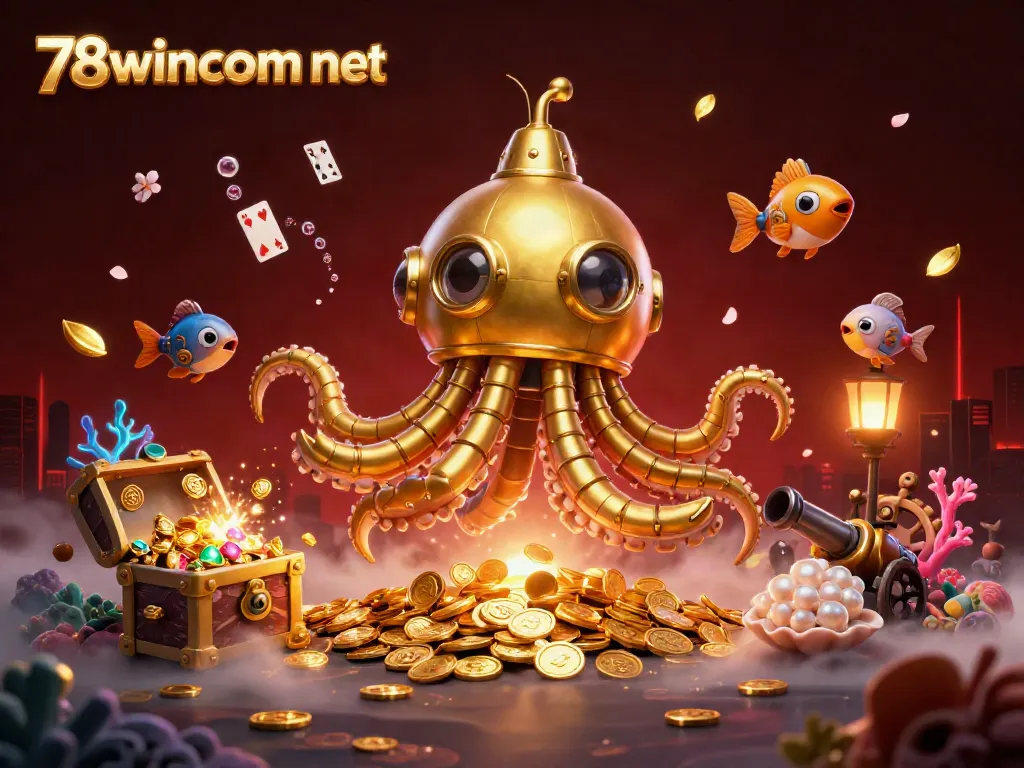 Experience the fun at 78wincom net with a cartoon kraken submarine amidst vibrant casino-themed elements.