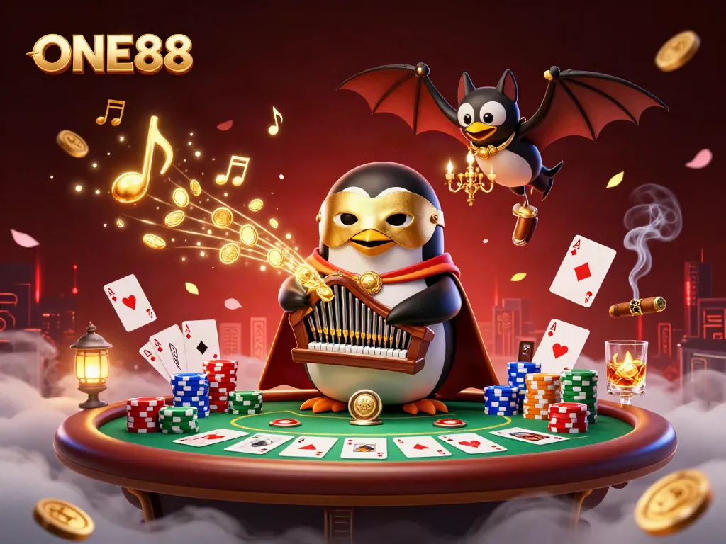 Experience the thrill of ONE88 with a vibrant 3D casino scene filled with action, poker elements, and golden treasures.