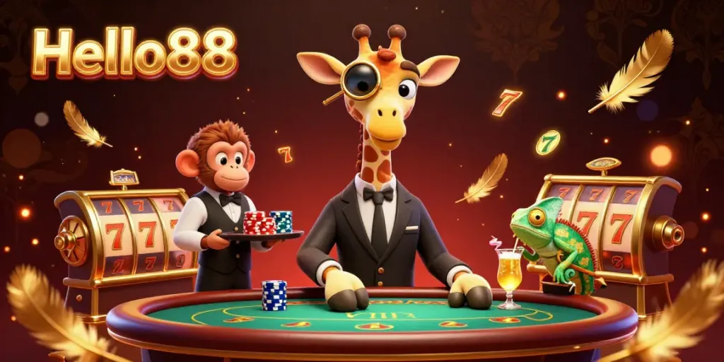 Engage with Hello88's thrilling gaming experience featuring a high-roller giraffe, monkey valet, and chameleon bartender.