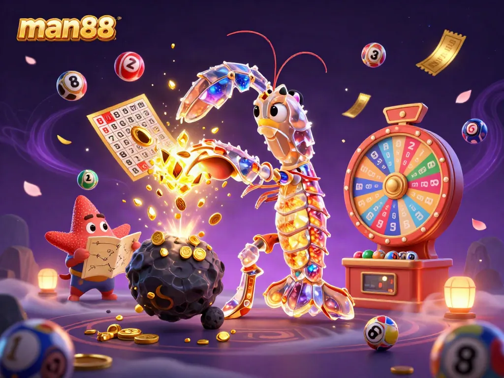 Experience man88 with a dynamic illustration of a galactic samurai mantis shrimp amidst exploding gems and coins.
