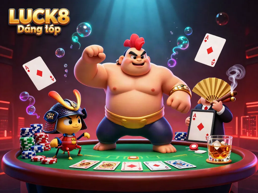 Experience the excitement of LUCK8 Đăng nhập with a powerful sumo rooster, a fierce cricket, and a tanuki announcer in a vibrant casino scene.