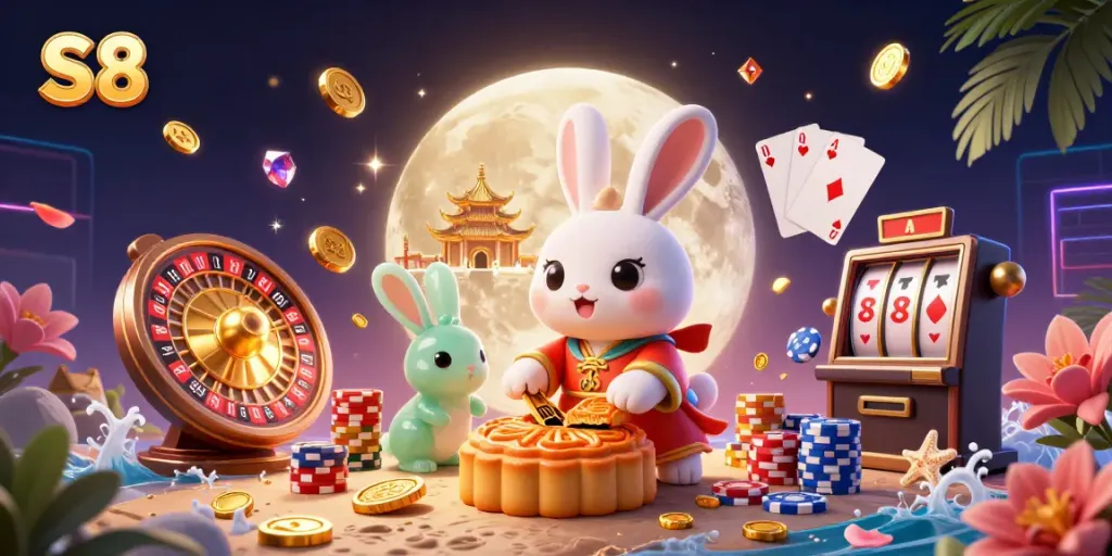 Play and win with S8 in this vibrant moonlit casino scene featuring poker chips and treasures.