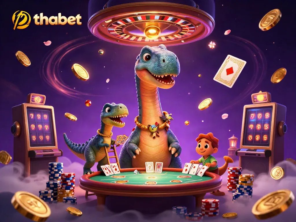 Experience thrilling gameplay at thabet casino with a giant brontosaurus and creative raptor dealing cards.