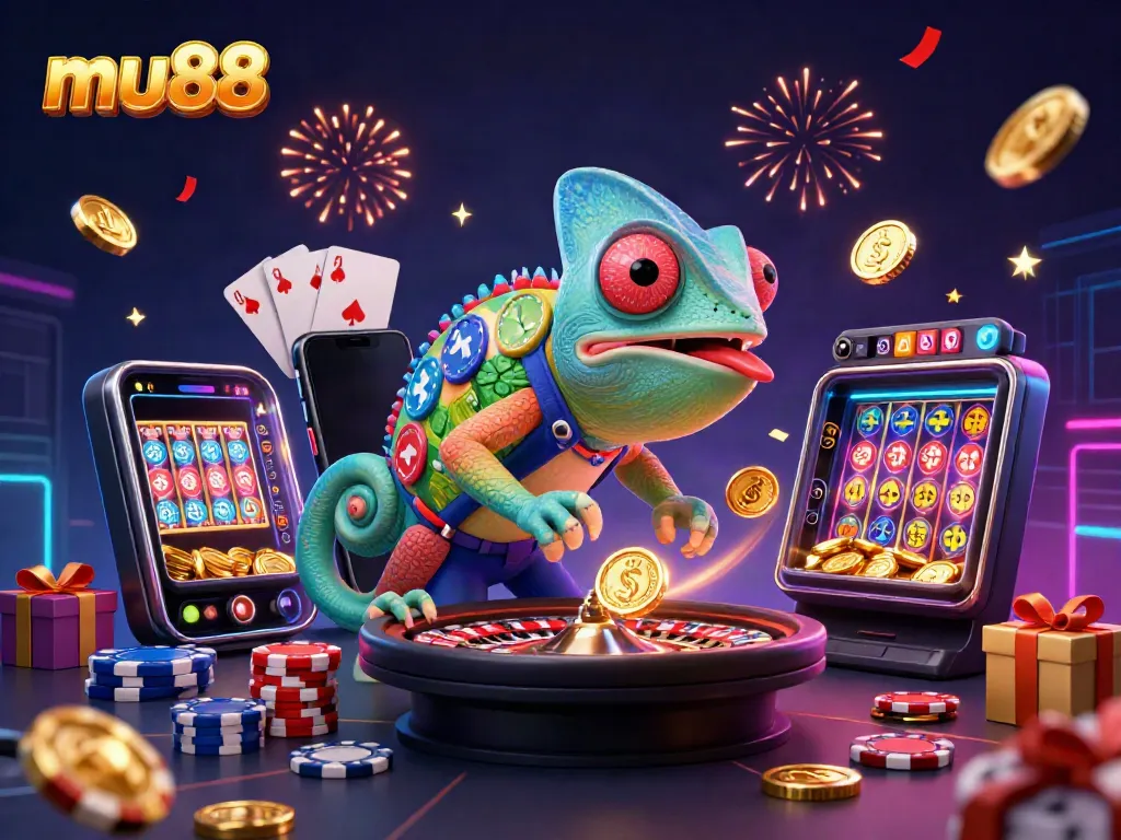 Enjoy thrilling entertainment at mu88 while a vibrant chameleon casino owner attracts golden coins amidst dynamic gaming elements.
