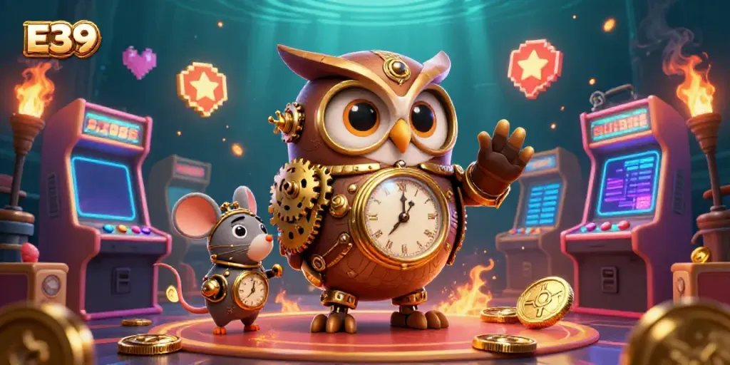 Experience the excitement of E39 with this vibrant 3D casino scene featuring animated characters and gaming elements.