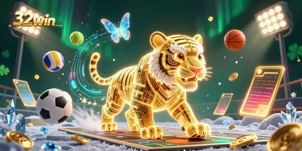 Engage with the vibrant 32win casino scene featuring golden tiger and dynamic sports elements.