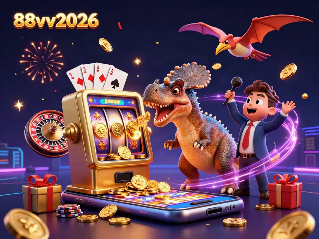 Experience big wins with 88vv2026 as a pachycephalosaurus celebrates a jackpot payout.