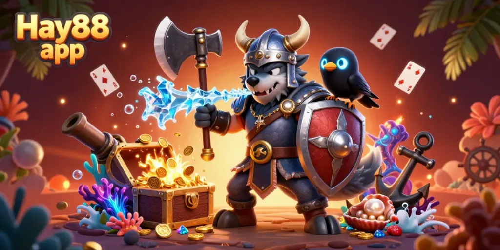 Experience thrilling gameplay with Hay88 app in a vibrant, cartoonish casino scene featuring unique characters and treasures.