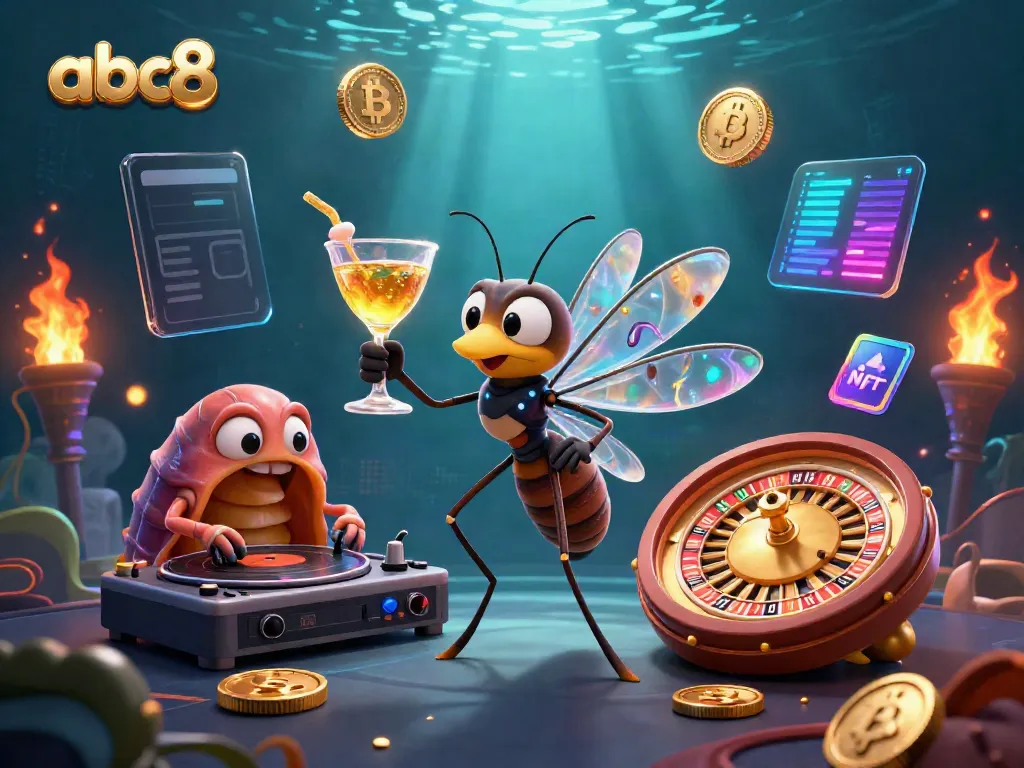 Experience the excitement of casino gaming with abc8, featuring dynamic characters and glowing crypto elements.