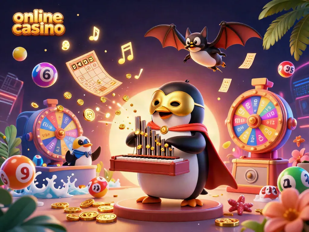 Experience the thrill of an online casino with a penguin organist shooting golden coins in a vibrant scene.