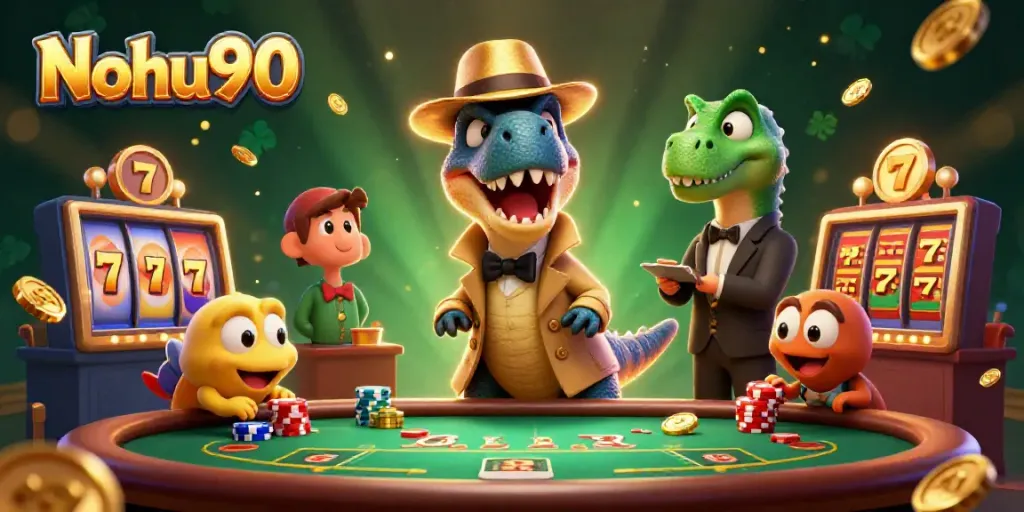 Experience thrilling gameplay at Nohu90 with a velociraptor at the blackjack table amidst vibrant casino elements.