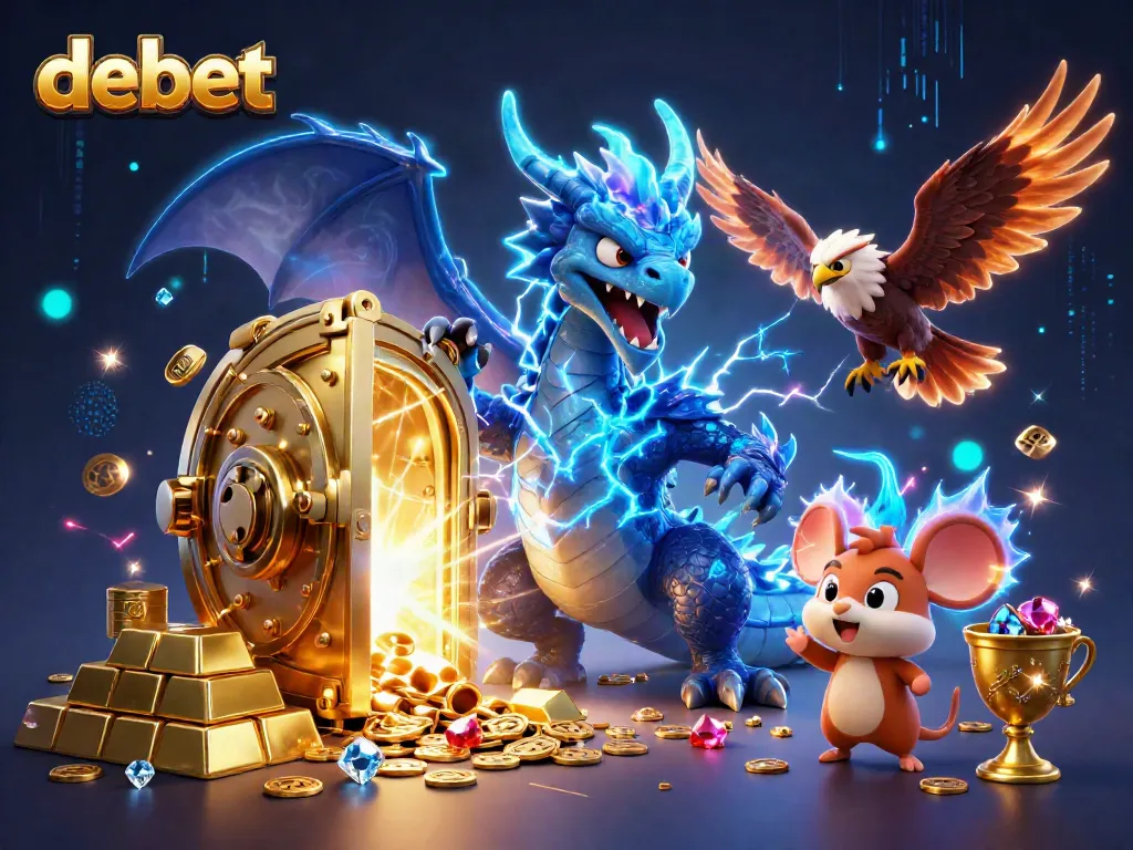 Experience winning at debet with vibrant casino characters, gold treasures, and dynamic gaming elements.