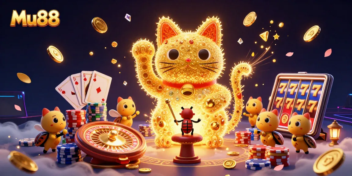 Experience the excitement of Mu88 with a dynamic lucky cat and vibrant casino elements.