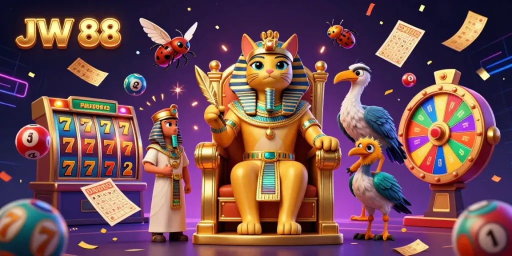 Experience the vibrant JW 88 casino world with a pharaoh cat surrounded by lottery and slot game elements.