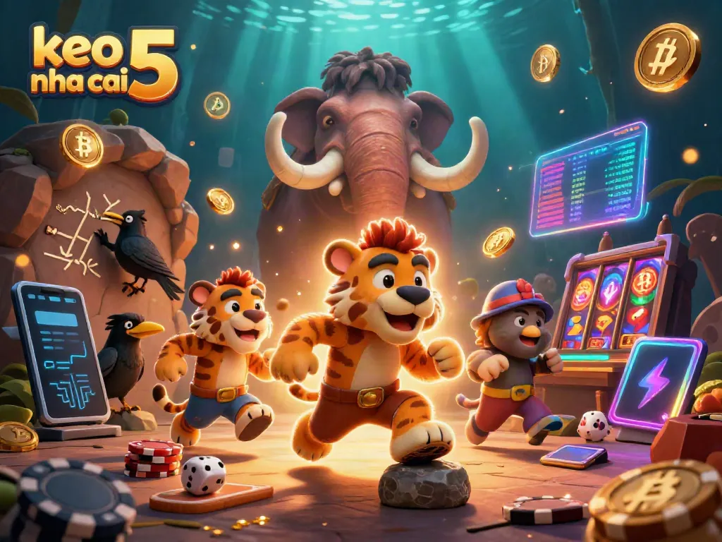 Engage with keo nha cai 5 at a vibrant prehistoric casino featuring cavemen and neon crypto coins.
