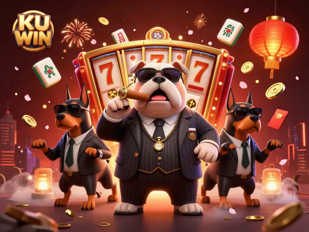 Join the excitement at KU WIN with a dynamic casino scene featuring a mafia boss and luxury game symbols.