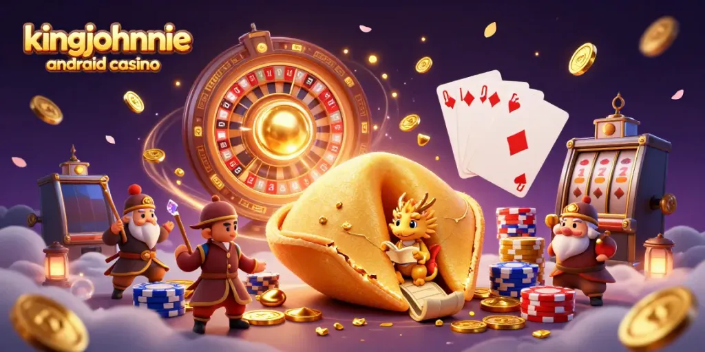 Engage with the kingjohnnie android casino, featuring a golden fortune cookie, dynamic gambling elements, and vibrant colors.