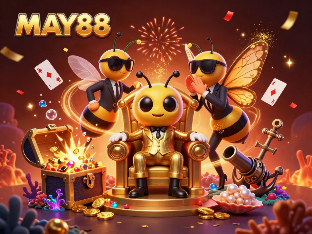 MAY88 showcases a vibrant casino illustration with a bumblebee mob boss, wasp bodyguards, and a butterfly informant.