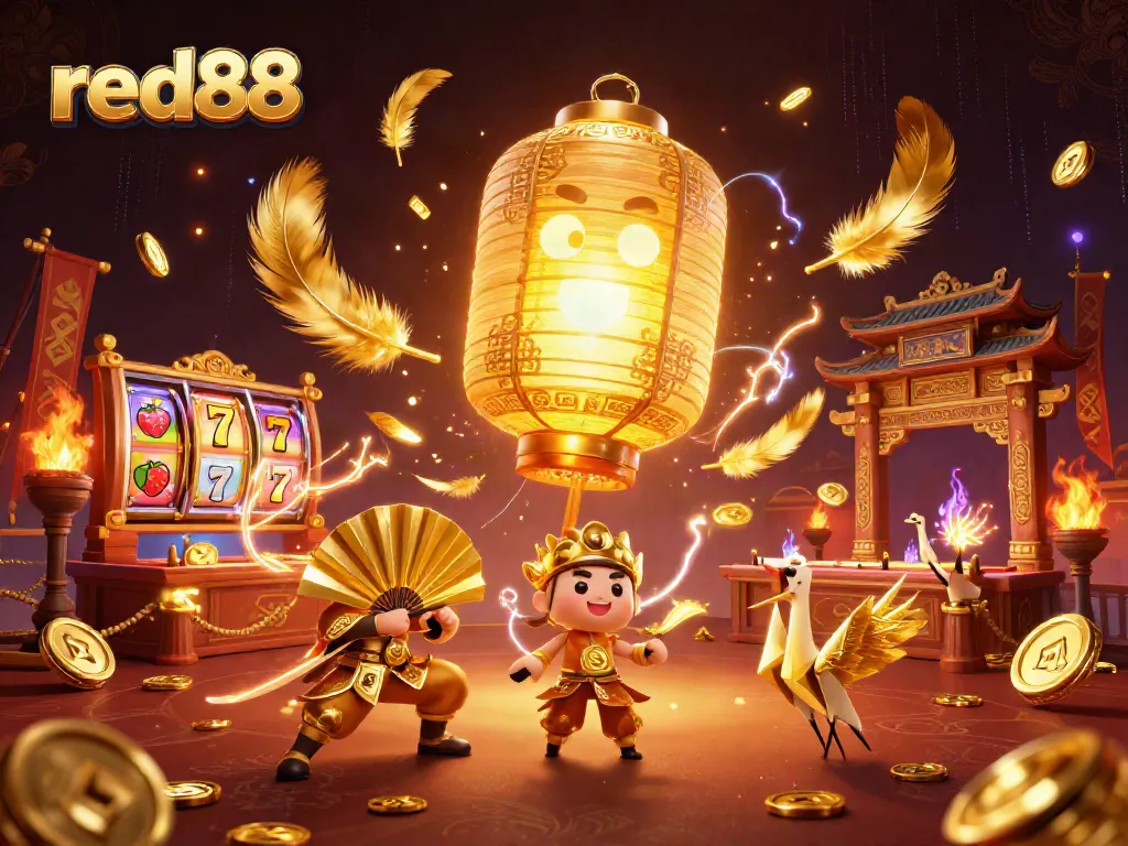 Win big at red88 with a vibrant scene of a floating lantern spirit amidst thrilling slot game action.