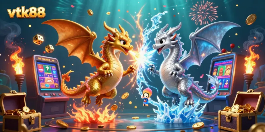 Experience the excitement of vtk88 as valiant dragons battle while casino elements explode around them.