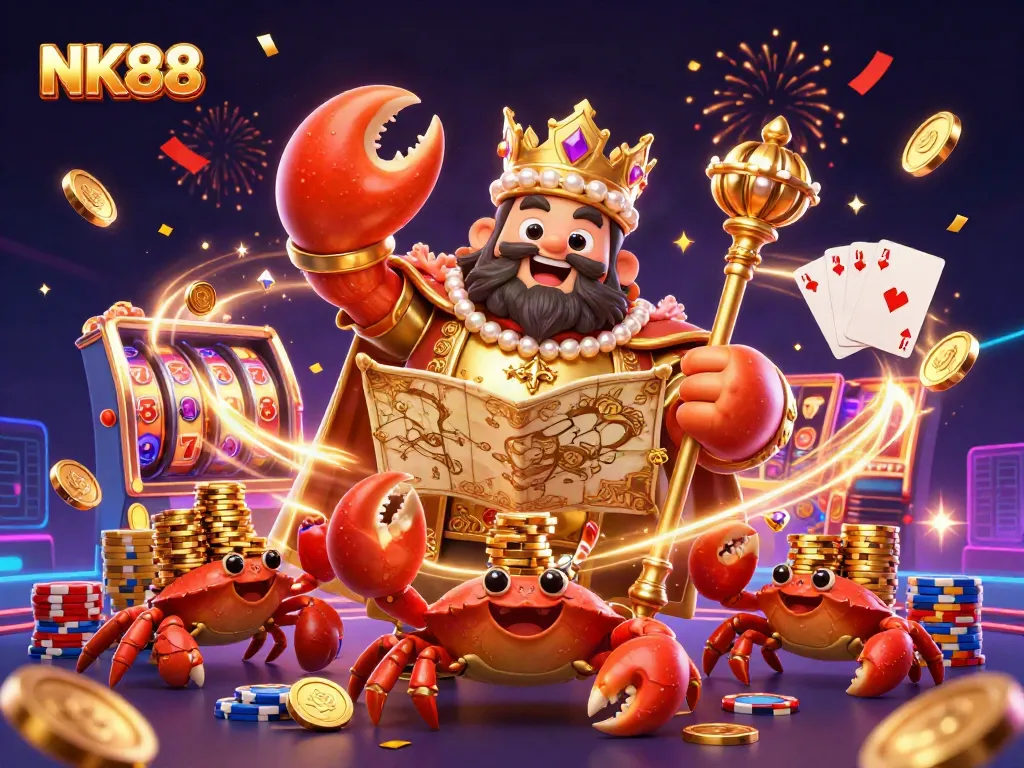 Engage with NK88 as golden crab emperor showcases royal scepter in a dazzling casino setting.