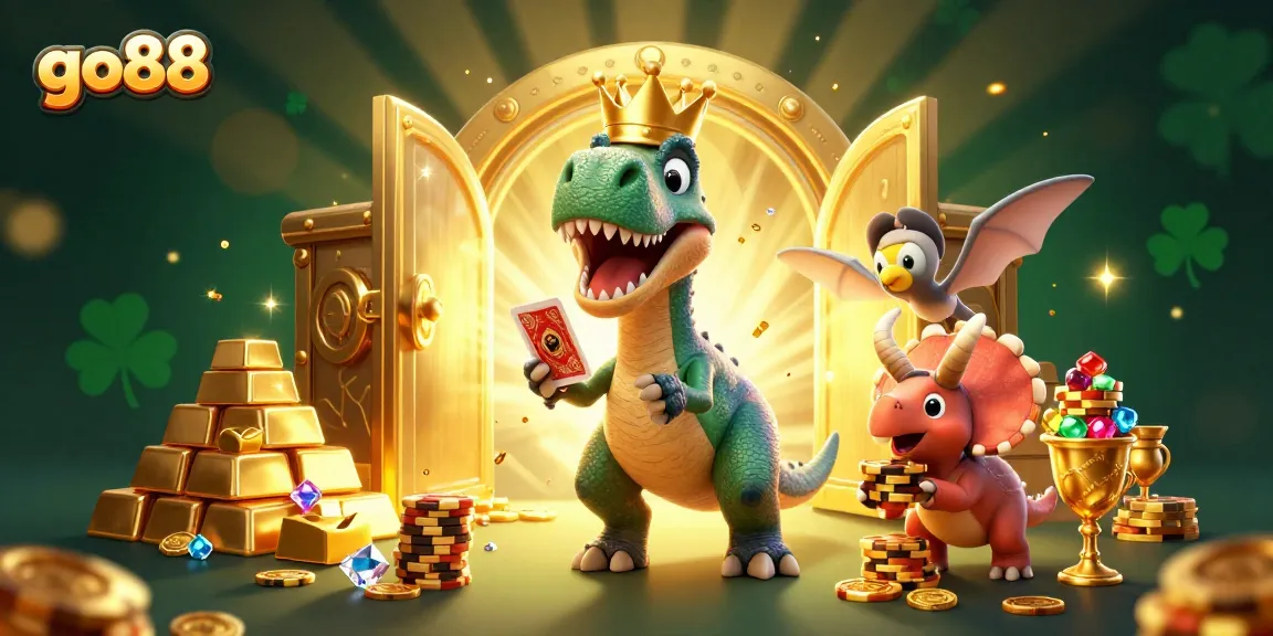 Engage in thrilling gameplay with go88 while a T-Rex shuffles cards and a pterodactyl assists.