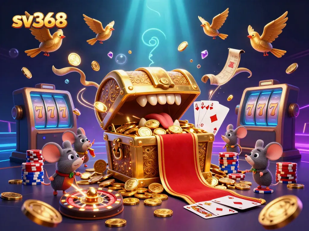 Experience the thrill of sv368 with a cartoon treasure chest and dynamic casino elements.
