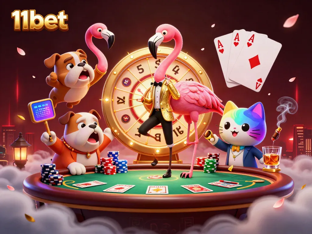 Engaging illustration for 11bet showcasing a game show scene with characters and casino elements.