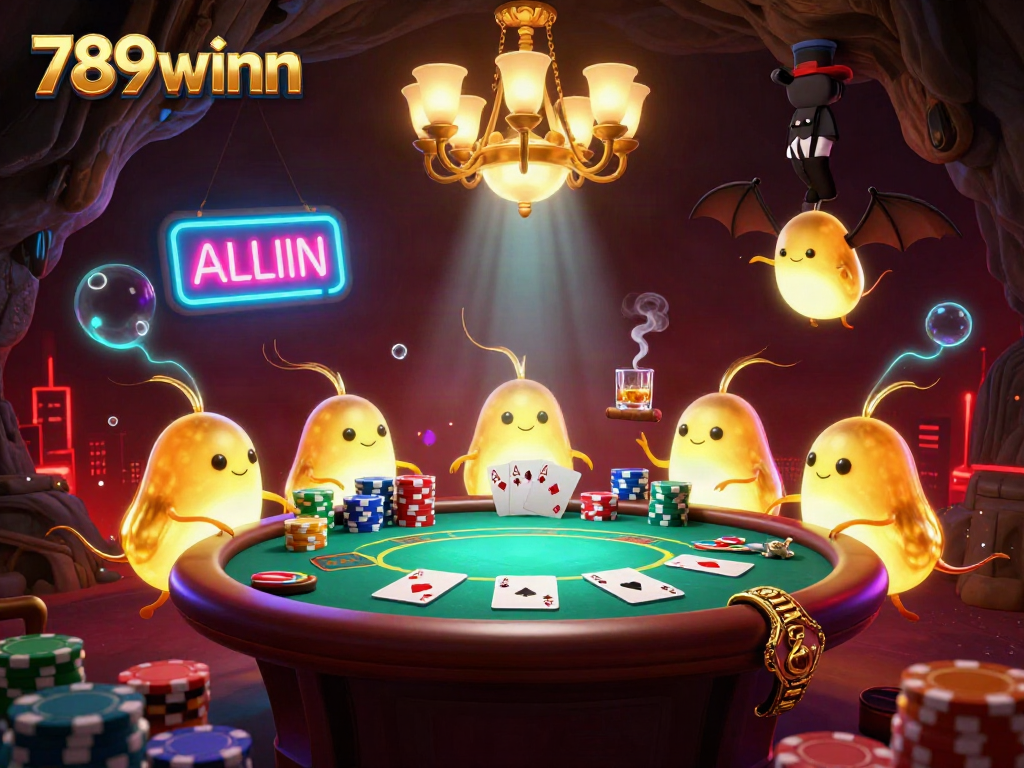 Experience the excitement of poker at 789winn with glowworms lighting up a vibrant cave casino scene.