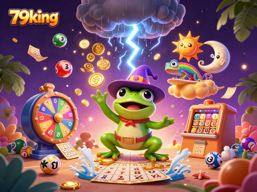 Join the excitement with 79king as the weather wizard frog conjures winning coins amid a magical casino storm.
