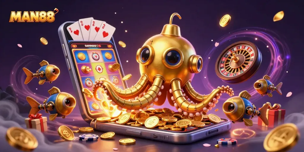MAN88 delivers thrilling slots action with a vibrant 3D illustration showcasing games and excitement.