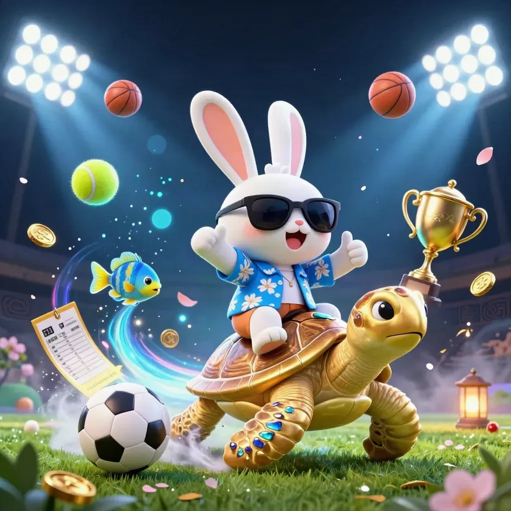 Lucky rabbit riding a golden turtle amid flying sports balls and glowing casino effects