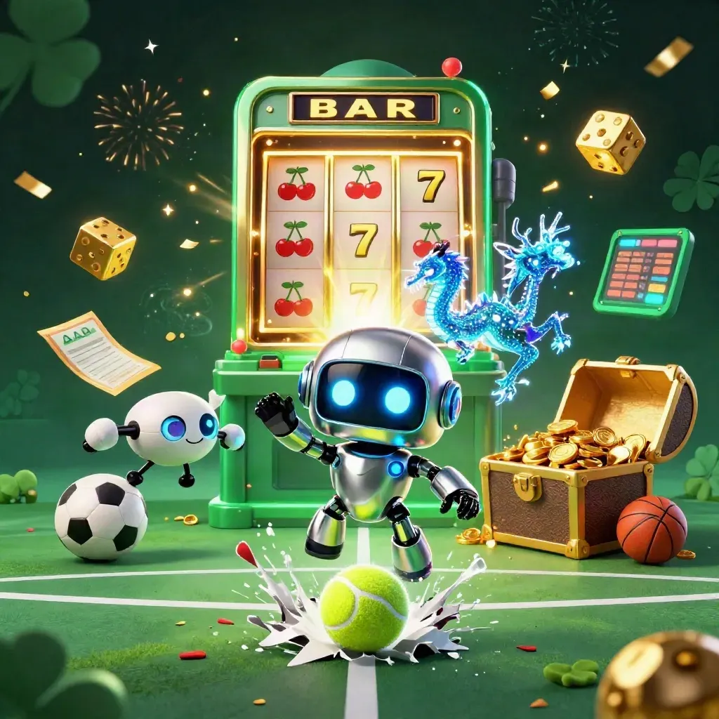 Cyberpunk robot, dragon and coin drone amid casino bursts above a frozen tennis ball.