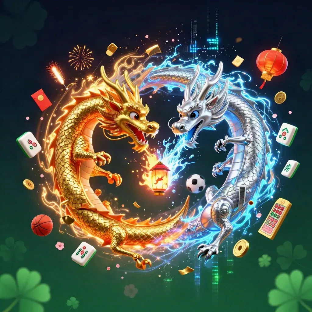 Twin dragons, lantern spirit, mahjong tiles, fireworks, and sports icons in neon casino glow.