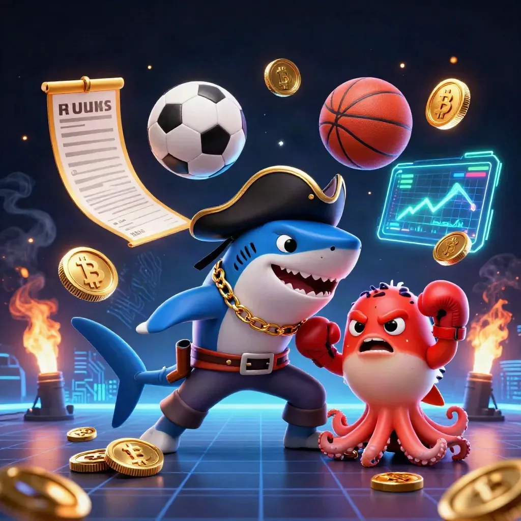 Pirate shark, boxing pufferfish, and coin-juggling octopus amid glowing crypto sports props.