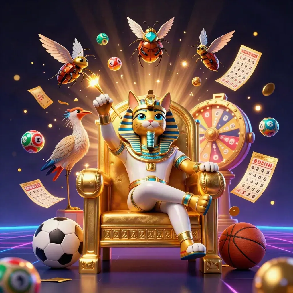 Pharaoh cat, ibis scribe and scarabs amid casino game elements in neon gold light.