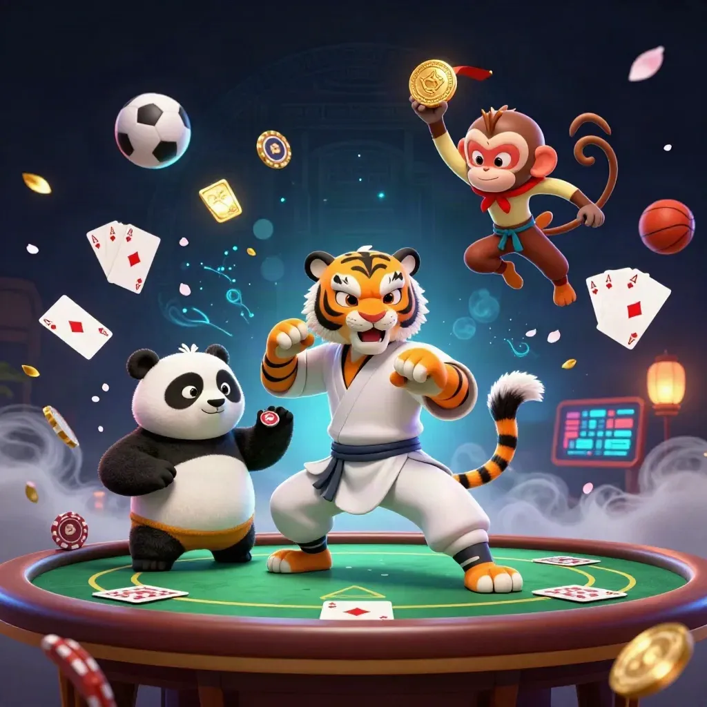 Kung-fu tiger, panda, and monkey explode around poker chips with blue-gold casino lighting.
