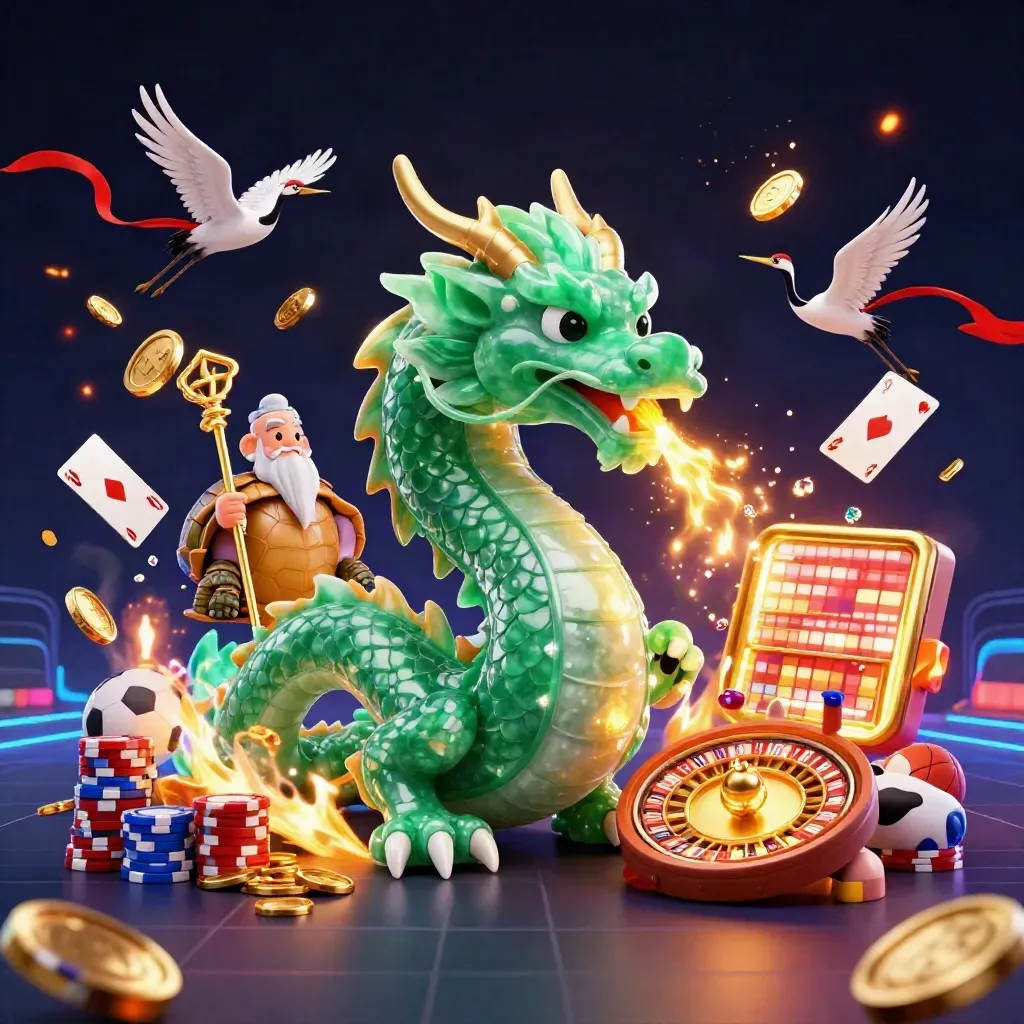 Dragon, turtle sage, cranes, casino chips, coins, roulette wheel, cards, and sports props on a neon grid backdrop.