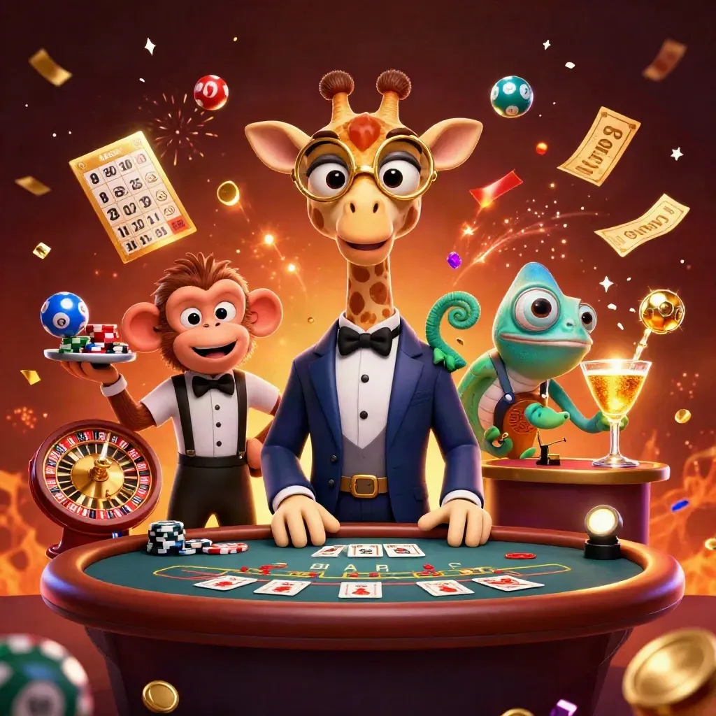 Giraffe, monkey, and chameleon casino heroes amid flying lottery balls, sparks, and gold glow