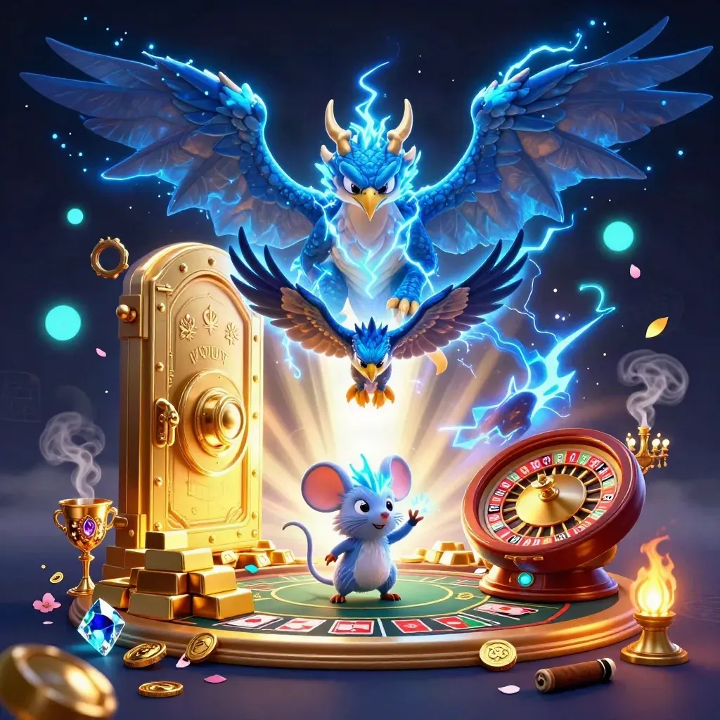 Thunder dragon, wind hawk, and static mouse amid casino treasure, blue lightning, and gold.