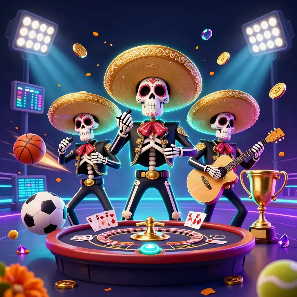 Day-of-the-Dead mariachi skeleton trio with sports balls, casino props, and neon effects