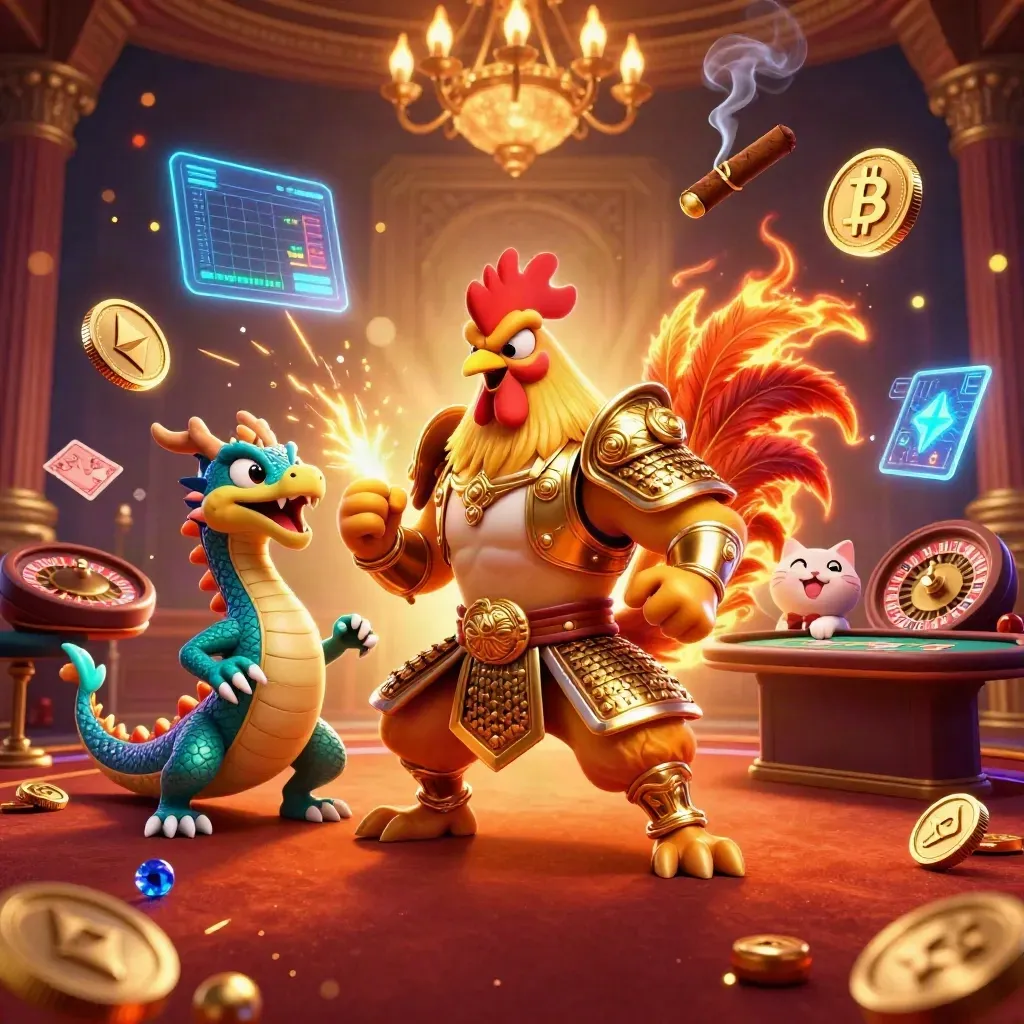 Rooster warrior, dragon hatchling, and fortune cat in a glowing casino room with floating crypto icons.